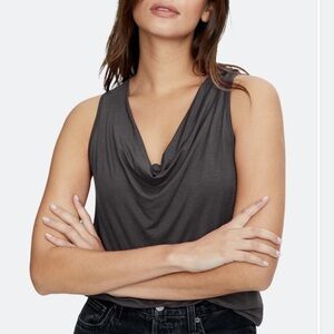 DREW Draped Neck Metallic Gray Sleeveless Top